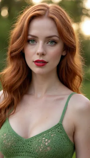 (best quality, award-winning photograph, sharp focus), Crocheted camisole, (wide knit), beautiful face, long hair, seductive face, make-up, red lipstick, redhead hair, green eyes, perfect body, very large natural breasts, the whole figure is visible, soft smile, cinematic, movie still, hyperdetailed photography, 35mm photograph, film, professional, 4k, highly detailed, Golden hour lighting. Depth of field F2. Rule of Thirds Composition