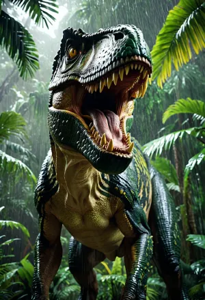 cinematic 8k shot of a massive Tyrannosaurus Rex in a lush, dense tropical jungle, rain pouring down, wet scaly skin reflecting sunlight, powerful jaw, sharp teeth, menacing glowing yellow eyes, photorealistic, cinematic lighting, shot on 35mm lens, Unreal Engine 5 render, highly detailed.