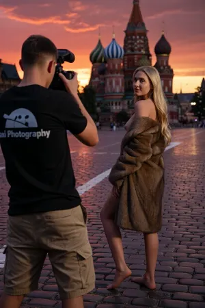 A photorealistic cinematic fashion photoshoot at sunset on Red Square in Moscow, infused with deep warm crimson and orange hues, soft atmospheric haze drifting over the vast cobblestone plaza, the iconic silhouette of Saint Basil’s Cathedral glowing in the background beneath a dramatic red and gold sky, subtle reflections shimmering in the damp stone after a light rain, a cool evening air mixing with warm sunset glow, cinematic haze softening the architecture but keeping it grand and recognizable, In the slightly out-of-focus foreground, the photographer stands waist-high, holding a professional camera, actively photographing the model, he wears khaki shorts and a black T-shirt with a white DSLR logo and the text “Taxi Photography, ” his shoulders, camera, and head slightly blurred, his figure partially blurred to create cinematic depth, the image opens to the sharply focused Russian female fashion model, tall and slender, standing barefoot on the cool stone ground, The model is a tall Russian woman, with long flowing blonde hair, elegant and poised, wearing a luxurious open brown fur coat that drapes over her shoulders, revealing her graceful form beneath, her skin fair and radiant, her almond-shaped eyes with long lashes gazing over her shoulder, a serene, confident smile playing on her full lips, every detail of her skin, the soft texture of her hair, and the rich fabric rendered in hyper-realistic clarity, subtle sheen of skin and evening light, a warm golden rim light outlining her figure, luxurious and timeless, analog 35mm film look, soft film grain, realistic lens compression, masterpiece composition, ultra-realistic lighting and textures, luxurious fashion noir aesthetic, maximum realism, emotionally cinematic visual storytelling