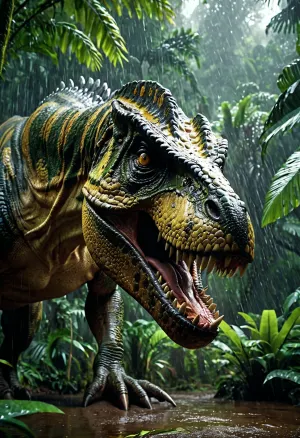 cinematic 8k shot of a massive Tyrannosaurus Rex in a lush, dense tropical jungle, rain pouring down, wet scaly skin reflecting sunlight, powerful jaw, sharp teeth, menacing glowing yellow eyes, photorealistic, cinematic lighting, shot on 35mm lens, Unreal Engine 5 render, highly detailed.