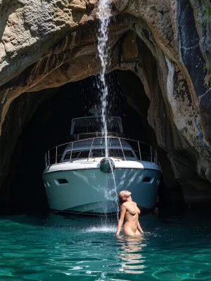 ((one yacht)), Rule of thirds. Cinematic, highly detailed, photorealistic film still of a 60ft Oyster 565 yacht approaching and entering a wide littoral sea cave along a tropical coastline.
Camera positioned outside the cave, looking inward toward the dark interior. The bow of the yacht glides into the cave while the stern remains in bright sunlight.
The cave mouth is large, with rugged natural rock walls and wet surfaces catching soft reflections from the turquoise water.
Sunlight pours in from behind the camera, illuminating the yacht’s exterior and creating a strong contrast with the shadowed interior.
Inside the cave, subtle ambient light reflects off the water, creating faint blue‑green highlights on the lower rock surfaces, natural and realistic, no artificial glow.
The water inside the cave is darker, with gentle ripples and soft reflections of the yacht’s hull.
A narrow cascade of water pours down from the cave ceiling across the bow of the yacht, splashing onto the deck and railings, natural fresh water falling from above, lit by soft reflected light.
A beautiful woman stands under the falling water, head back enjoying the cool spray.
Natural anatomy, balanced stance, realistic joint bending, proportional limbs, correct limb count, no occlusion, no hidden limbs.
Ultra‑sharp focus, crisp textures, natural skin tones, dynamic poses, shallow depth of field, high‑speed action photography, 8K realism, vibrant tropical atmosphere, candid movement.
single yacht, no other boats visible.