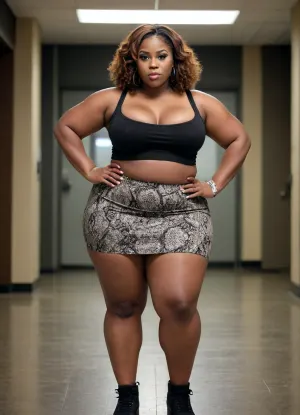 a 40 year old sexy, african american women, short obese bbw, thick thighs, huge ass, massive breasts, wearing a crop top, wearing a short skater skirt, full body image