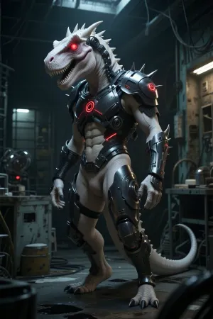 hyper-realistic full body portrait of an albino Indominus Rex, genetic hybrid dinosaur with spikes, glowing red eyes, armored skin, standing in a dark, atmospheric abandoned laboratory, volumetric lighting, masterpiece, 8k resolution, photorealistic.