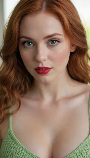 (best quality, award-winning photograph, sharp focus), Crocheted camisole, (wide knit), beautiful face, long hair, seductive face, make-up, red lipstick, redhead hair, green eyes, perfect body, very large natural breasts, the whole figure is visible, soft smile, cinematic, movie still, hyperdetailed photography, 35mm photograph, film, professional, 4k, highly detailed, Golden hour lighting. Depth of field F2. Rule of Thirds Composition