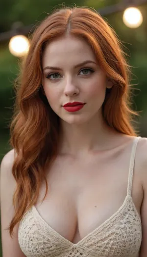 (best quality, award-winning photograph, sharp focus), Crocheted camisole, (wide knit), beautiful face, long hair, seductive face, make-up, red lipstick, redhead hair, perfect body, very large natural breasts, the whole figure is visible, soft smile, cinematic, movie still, hyperdetailed photography, 35mm photograph, film, professional, 4k, highly detailed, Golden hour lighting. Depth of field F2. Rule of Thirds Composition