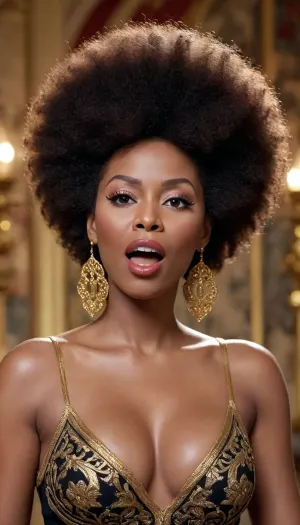 Crie uma imagem "8K Games Pele 3D" "Game Studios" "3D Games style" close-Up mature big titts ----------------------------------------------------------------------------------------------------- "A soulful woman singing passionately into a vintage microphone, wearing ornate earrings and a luxurious black and gold embroidered outfit. Her natural, voluminous afro hairstyle is beautifully highlighted under warm lighting. The background features an artistic tapestry with rich, intricate patterns, adding an elegant and cultural atmosphere." Art Decó