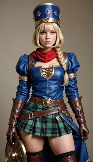 Here is a detailed description of this character's outfit and hair based on the image, ### Hair & Headwear

* **Style, ** She has shoulder-length bright blonde hair with a straight fringe, (bangs), framing her face. The hair is tied or tucked in the back, with a single braided or gathered low ponytail resting over her left shoulder, secured by a brown band.
* **Headwear, ** She wears a tall, cylindrical crown-style hat or pillbox hat. It is primarily blue and decorated with a repeating pattern of gold diamonds and red jeweled accents along the sides, with a gold rim at the base.

---

### Outfit

The character wears a medieval or fantasy-style warrior outfit featuring vibrant colors and leather armor accents.

* **Top, ** * A long-sleeved, form-fitting **royal blue tunic or jacket** with slightly puffed shoulders.
* The jacket features **gold trim** along the square neckline, down the center chest, and around the shoulder seams.
* The chest area features a small brown lace-up corset detail.
* A bright **red scarf or cowl** is wrapped snugly around her neck.


* **Skirt & Belt, ** * A short, wrap-style **green plaid, (tartan), mini-skirt** with dark green intersecting lines.
* The skirt is accented with gold buttons or snaps down the left side.
* It is secured at the waist by a wide **brown leather belt** with a prominent gold buckle.


* **Gloves & Shield, **
* She wears thick, flared **brown leather gauntlets/gloves** on both hands.
* In her left hand, she holds a round, metallic **gold buckler shield**.


* **Footwear, **
* High, over-the-knee **brown leather boots** with a slight heel.
* The tops of the boots are cuffed and secured with small silver-buckled straps, showing a peek of black socks or stockings underneath.