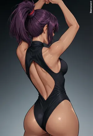 (Markgavatino meets Neocoill style), Cutesexyrobutts style, Cel-shaded, inked lineart, limited color palette, masterpiece, (yoruichi, dark skin, toned body, black leotard), solo, (back fetish, back focus, (extremely detailed back:1.5), sweaty back), back arched, dynamic pose, <lora:mk_Bp Anime_xl:1.2>, <lora:lineartSDXL:2>, <lora:EnvyBeautyXL01:2>