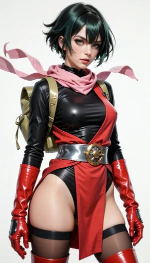 She has a short, textured, and slightly spiky haircut, (often referred to as a pixie cut or anime-style short hair), with prominent bangs that frame her forehead.
​Color, The hair is dark green or black with deep green highlights, rendered in a classic watercolor style that gives it a glossy, reflective look.
​Outfit
​The character wears a stylized, dynamic ninja-inspired outfit, (shinobi shozoku), with a vibrant color palette of red, black, and gold/olive green.
​Torso & Body, * She wears a sleek, form-fitting black long-sleeved bodysuit or top.
​Over the bodysuit is a bright red sleeveless tunic or tabard that covers the front and back of her torso, secured at the waist.
​On her back, she carries a light olive-green or golden backpack-like pack, likely used for carrying ninja gear.
​Scarf, A long, flowing pink scarf is tied around her neck, with the ends fluttering out behind her right shoulder.
​Waist & Lower Body, * She wears a metallic silver or grey belt with a prominent golden circular buckle/ornament at the center.
​The outfit features high-cut hips, leading down to dark, translucent thigh-high stockings or leggings held up by dark bands around the upper thighs.
​Hands & Footwear, ​On her arms, she wears matching bright red gauntlets or arm guards that extend up her forearms.
​On her feet, she wears bright red, calf-high boots with a golden or flat trim along the soles.
Big natural breasts, big ass
