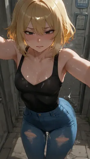 BNHA, (MHA), Hero Prodigy gets a Femboy System, Nao Ichijo, Feminine face, Feminine shoulders, flat chest, Petite arms, Slender legs, Round ass, wearing torn up damaged dirty black shirt with blue jeans with visible penis bulge, His short blonde hair so pale it shimmered near silver and his face both sharp and delicate with Black eyes gleamed beneath furrowed brows and His slender frame petite, with just a hint of muscle—strained against the black shirt and slacks clinging to his sweat-damp skin. Nao Ichijo staggered toward a flickering bus stop. Weakness just after The System's activated involuntary.