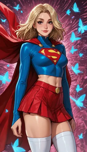 ((Melkor mancin meet markgavatino style)), (((Superhero girlfriend red skirt extremely muscular))), ((psychedelic abstract purple background:1.5)), magical blue flowers butterflies, (reiq style), Score_9, score_8_up, score_7_up, masterpiece, (1woman, 8k resolution, ultra-detailed), solo, (athletic body muscular:1.3), ratatatat74, cute thick hair, subtle smile, dark eye shadow, curvy gorgeous, gloves, stockings, wearing, supergirl, outfit, with, cape, <lora:LCMTurboMix_Euler_A_fix:1>, <lora:ratatatat74-000050:1>, <lora:AshMilkshake_Illustrious_v1:1>, <lora:SDXLSamDoesArts:1>, <lora:SDXL1.0-LoRa_Zeitgeist-Supergirl-Outfit_by-AI_Characters-v2.0:2>
