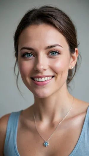 Close-up portrait of a smiling woman with short, dark brown hair with soft highlights and neatly styled. She has fair skin, light blue-ice eyes, and natural-looking makeup emphasizing her features. The woman is wearing a delicate silver necklace. The background is a plain white wall, softly lit. The image has a shallow depth of field, with the focus primarily on her face. The overall mood is informal and friendly. Shot with a Sony Alpha camera, 50mm lens, f/2.8, ISO 400. Natural lighting, high resolution, realistic.