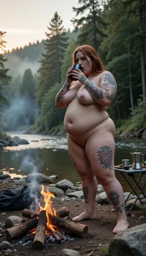 (photo, realistic style, cinematic lighting, 8K, high detail), Full body shot of a morbidly obese woman with very pale skin and shoulder-length reddish hair, standing naked by a campfire on the rocky bank of a river. She is suffering from extreme obesity, her body is massive and heavy, with large rolls of fat on her stomach, back, and legs. She has numerous tattoos covering her large arms and legs. She is holding a dark mug to her lips with both hands, drinking from it. The scene is set in a dense green forest in the early morning, a light fog hangs in the air between the trees in the background. A small campfire is burning brightly in front of her, with smoke rising up. Next to the fire is a small portable camping table with a coffee pot and other camping utensils. The lighting is soft and natural, characteristic of the golden hour at sunrise. The atmosphere is quiet and serene.
