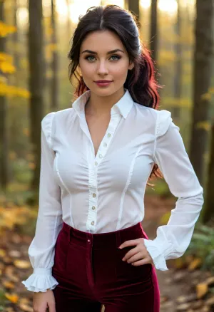 (masterpiece, best quality:1.2), 1 spanish 25yo woman, (wearing a white ruffled longsleeve shirt blouse, braless, bordeaux velvet pants and vest:1.5), bright ice blue eyes, (long raven black hair, all hair combed back and tied tightly into a ponytail:1.2), (sporty body with heavy hanging natural boobs:1.4), she is outdoors in autumn woods, photorealism, beautiful sunset, smiling look, clothes, bustysophie, <lora:style_lora_realis:.5>, <lora:Detailed_female_hands-000001:.5>, <lora:bustysophie_xl_v1.1:.8>