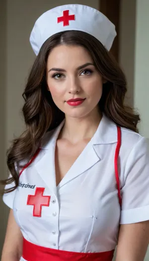 A woman dressed in a nurse’s uniform is the central focus of the image. She has long, brown hair and is looking directly at the camera with a slight smirk. Her uniform is white with red trim and features a red zipper down the front, which she is actively pulling open with both hands. Underneath the open uniform, she is wearing a red lace bra. She is also wearing white lace thigh-high stockings. Her head is adorned with a white nurse’s cap that has a red cross on the front and a red band around the base.