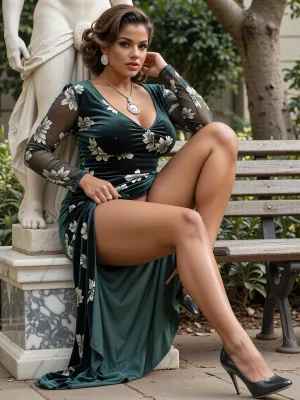 A high quality vintage photo from 1981. Full body shot, 1980s photography. A woman sitting elegantly on the marble base of an ancient Greek statue. Full body cinematic photography of a stunning woman with a voluptuous hourglass figure, full curves, thick shapely legs, big fat thighs and a generous bust. A beautiful, curvaceous Colombian woman with a voluptuous figure. A latin woman, beautiful, elegant, classy, sexy, very busty, voluptuous, big fat thighs, oval face, large cheeks, big brown eyes, arched eyebrows, makeup, nice lips. Her skin is dark, brown, oiled, shiny. The woman sitting elegantly on a weathered wooden park bench. Flawless 1960s bouffant hairstyle. The hair is short, puffy, hazel brown hair with one large side fringe, styled with elegant precision. The hairstyle combines the iconic glamour of Marilyn Monroe’s soft curls with Gina Lollobrigida’s structured chic. The hair is perfectly coiffed, shiny, and polished. She wears a V-neck, sheer, sleeveless, long dark green Dee Dee Fern Velvet with white floral patterns that clings to her body, featuring slit on the side. Her accessories are bold, large round silver earrings with a hole in the center and large silver necklace. On her feet, she wears high-heeled pointed-toe stiletto pumps. She is strikingly crossing her legs, curvy calves., (legs crossed:1.3), . She lifts her dress manually with her hand all the way up, in purpose, to give the viewer see a full view of her thighs and her hip. Her skin is taned, heavy seamless suntaned, and shiny. Warm vintage tones, soft natural lighting with dappled sunlight through. Aged photo, grain, nostalgia, 1980s style, cinematic lighting, 80s film grain aesthetic, (nostalgic atmosphere. --ar 16:9), --v 6.0, full body shot, fully visible legs., ((((huge gigantic heavy breasts)))), saggy breasts, (low breasts), waist level Breasts, nipple bulge, waist height, happy, huge cameltoe