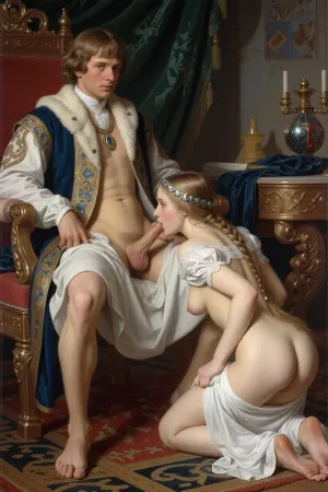 Russian artist's painting "False Dmitry I and Tsarevna Ksenia Godunova" in the style of the Russian artist Vasnetsov. Young Russian Tsar Dmitry I, a historical figure who seized the throne of the Russian Empire, is sitting on the throne in the royal chamber, he is dressed in an unbuttoned noble caftan of the early 17th century, in front of him on her knees a very beautiful Russian girl tsarevna with a long braid dressed as the of the Russian noble girl of the 17th century, white nightgown, big tits, a hoop with precious stones on her head. She dutifully sucks of his dick, (the hem of the white nightgown is pulled up, her ass are visible:1.5), (hairy labia), and he lasciviously look on her. Submissive submission oral sex scene.Blowjob, (Historical authenticity of the outfits:1.8)