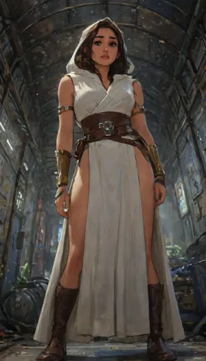 A full-body cinematic photograph of a beautiful female woman Jedi knight. She is wearing a modern, stylized Jedi outfit consisting of a form-fitting, plunge-cut sleeveless cream silk tunic, an asymmetric flowing long skirt with a daring thigh-high leg slit, and a wide brown leather obi-style utility belt wrapped tightly around her waist. She has polished metallic gold arm bracers and thigh-high leather boots. An oversized, billowing hooded Jedi robe hangs loosely off her shoulders. Holding a glowing blue lightsaber. Dramatic lighting, hyper-realistic, sci-fi concept art, highlydetailedbody, realisticface, highlydetailedhair, insanelydetailed, 8K.highdetailedskin, highresolution, perfectfingers, (ultra realistic photo:1.4), (maximum photo quality:1.4), (high resolution photo:1.4), (close-up shot:1.4), (extreme detail:1.4), (ultra realism:1.4), <lora:Character_Concepts-000007:.5>, dishap, <lora:dishap:2>, Stormtrooper, death, star, interior, space, station, style, garbage, compactor, masher, compress, wast, room, dynamic pose, sexy pose, sitting at bus stop pose, 4K, cinematic close-up, perfect anatomy, best quality, 8k, insane details, intricate details, hyperdetailed, hyper quality, ultra detailed, professional, HDR, ray tracing reflection, cinematic lighting, (j_cartoon:1.5), Drawing, uberfit, muscular, athletic, <lora:samdoesarts1.1-000030:.4>, <lora:J_cartoon:.3>, <lora:Animated_Concept:.4>