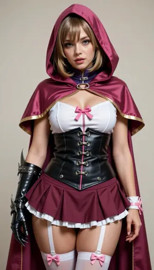 * **Hair, ** She has medium-length, sandy-blonde or light brown hair. It features face-framing bangs and layered strands that fall around her face and shoulders.
* **Hood, ** A deep magenta/dark pink hood covers the top and sides of her head, leaving her bangs exposed at the front.

---

### **Outfit and Clothing**

* **Cape/Cloak, ** A flowing, matching magenta/dark pink cape attached to the hood draped over her shoulders. The cape features a thin gold trim along its edges.
* **Collar/Neckwear, ** A high, dark purple or black structured collar covers her neck up to her chin, secured with a strap and buckle.
* **Top/Corset, ** * The upper section features a white fabric bust with a distinct cutout, detailed with a pink bow and a zipper running down the center.
* The lower section is a tight-fitting black corset with prominent metallic buckles, straps, and silver studs across the waist.


* **Skirt, ** A short, pleated, dark red or maroon miniskirt with a ruffled white trim visible underneath along the hemline.

---

### **Accessories and Footwear**

* **Left Arm, (Viewer's Right), ** Her left arm is fully enclosed in a dark, metallic gauntlet with sharp, claw-like finger extensions.
* **Right Wrist, (Viewer's Left), ** Her bare right arm features a simple white wrist cuff accented by a pink ribbon/bow.
* **Legwear, ** She wears white thigh-high stockings, (thigh-highs), held up by white garter straps. The top of the stockings are lined with a pink stripe and small pink ruffles on the outer sides.
* **Shoes, ** Magenta high heels matching her cloak, decorated with a small pink and white bow on the front of each shoe.
Back view, ass view, anus wide open