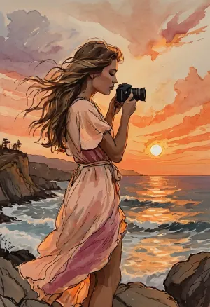 a draft sketch colored of a photographer who stands on a windswept rocky cliff of a small island, capturing the last moments of a spectacular sunset with her camera. Her long hair and light dress are blown by the ocean breeze. The glowing sun sinks into the horizon while waves crash against the rocks below. Dramatic clouds catch warm orange, pink and gold light. The composition shows both the photographer and the breathtaking landscape she is photographing. rich layered colors, textured paper, artistic hand-drawn shading, expressive linework, dynamic composition, beautiful sunset atmosphere, PECourtRoomSketch, Courtroom, <lora:PE_CourtRoomSketchV2:1.5>, <lora:sketch_it:1.5>
