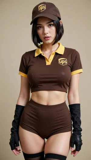 Here is a description of the outfit and hair shown in the image, ## Outfit * **Top, ** A brown, short-sleeved crop top polo shirt featuring a bright yellow collar. On the right chest, there is a logo resembling a stylized "UPS" design, (mirrored in the reflection as "29U"), . * **Bottoms, ** Matching tight-fitting, high-waisted brown shorts. * **Headwear, ** A brown baseball cap matching the uniform color, featuring the same logo on the front. * **Accessories, ** * Black fingerless gloves worn on both hands. * Black thigh-high stockings or socks visible on the upper legs.
## Hair * **Style, ** A sleek, straight bob cut that frames the face, falling just above the shoulders. * **Color, ** Solid, dark black. * **Details, ** The hair features light, wispy bangs or face-framing strands swept slightly to the sides under the cap.

Big natural breasts, big ass