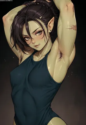 (Markgavatino meets Neocoill style), Cutesexyrobutts style, Cel-shaded, inked lineart, limited color palette, masterpiece, (orc girl:1.5), muscular, tusks, scars, solo, (armpit fetish, armpit focus, (extremely detailed armpit:1.5), armpit hair:1.2), sweaty armpit, glistening armpit, close-up, dynamic pose, side view, <lora:mk_Bp Anime_xl:1.2>, <lora:lineartSDXL:2>, <lora:EnvyBeautyXL01:2>