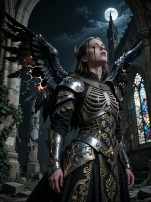 A masterful, dark, and melancholic Gothic medium close-up portrait of a fallen angel stands at the center of a ruined, roofless Gothic cathedral beneath a dramatic night sky. Her expression, both powerful and sorrowful, is pierced by a thin obsidian tear that runs down her pale cheek. Her massive, damaged wings reveal burnt, torn, charcoal-colored feathers and exposed bone structure. Her garments evoke faded grandeur, a brocade robe embroidered with tarnished gold and fragments of armor in corroded silver filigree. Her haunting, expressive gaze is slightly raised to the heavens. In the background, crumbling stone pillars are draped in ivy, and shattered stained-glass windows catch the pale moonlight. A dramatic chiaroscuro creates a striking contrast between the deep shadows and the moonlight illuminating her face. The anatomy of the face and body is impeccable, the focus is perfect, the cinematic texture is of high quality, with a wealth of detail in the stone and fabrics. The photograph was shot on 35mm film with deep blacks.