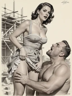 This is is a detailed monochromatic pencil drawing in a classical illustrative style depicts a scene set Beautiful sexy brown elegant hairstyle mother stands leaning over at the construction site, wearing in summer dress, the hem of the dress is pulled up, white lace, fully clothed very ugly lustful fat construction worker who are Grabs her labia with his hand looking up, seductive face, very excited, lustful man's face, The overall mood is intense, rendered in fine, expressive line work and subtle shading, evoking the style of 1950s satirical or moralistic illustrations.