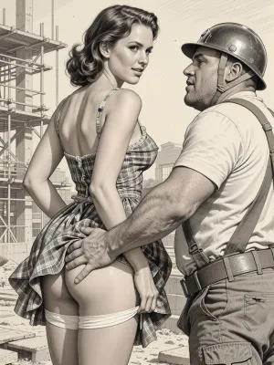 This is is a detailed monochromatic pencil drawing in a classical illustrative style depicts a scene set Beautiful sexy brown elegant hairstyle mother stands leaning over at the construction site, wearing in summer dress, the hem of the dress is pulled up, white panties are down, fully clothed very ugly lustful fat construction worker in a combat zone and a construction helmet who are Grabs her labia with his hand, looking up, seductive face, lustful mocking smile men's ugly face, rear view, The overall mood is intense, rendered in fine, expressive line work and subtle shading, evoking the style of 1950s satirical or moralistic illustrations.