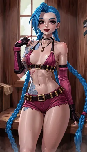(innv meets jack cayless style), reiq style, masterpiece, cel-shaded, limited color palette, ((beautiful muscles sexy Jinx from League of Legends body)), alone, (big wide curves muscles body), (seductive face, ads, perfect breast, perfect muscles, perfect legs, perfect ass, perfect feet, sweaty body, hard nipples, pubic hairy pussy, wise fat pussy, looking erotic), Jinx from League of Legends tattoos, ((Jinx from League of Legends costume:1.2)), (camel toed), (front facing seductive pose), (inside, sauna, steam, hotel, punk), ultraviolet light, LoL, Style, (league, of, legends\), 1girl, solo, twin, braids, single, elbow, glove, short, shorts, bikini, top, only, necklace, belt, fingerless, gloves, jinx, (league, of, legends), <lora:LCMTurboMix_Euler_A_fix:2>, <lora:EnvyCuteXL01v12:2>, <lora:EnvyAnimeDigitalPaintingXL01:2>, <lora:jinx:2>, <lora:MIAOKA_JINX_1.0_SDXL:2>