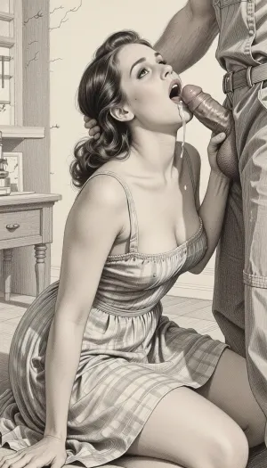 This is is a detailed monochromatic pencil drawing in a classical illustrative style depicts a scene set Beautiful sexy brown elegant hairstyle mother Squatting in a room of a building under construction, wearing in summer dress, fully clothed very ugly lustful fat construction worker in the coverall, mother deepthroating his cock, man's hand on her head, looking up, cum in mouth, seductive face, The overall mood is intense, rendered in fine, expressive line work and subtle shading, evoking the style of 1950s satirical or moralistic illustrations.