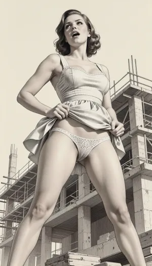 This is is a detailed monochromatic pencil drawing in a classical illustrative style depicts a scene set Beautiful sexy brown elegant hairstyle mother stands with her legs apart at the construction site, wearing in summer dress, the hem of the dress is pulled up, white lace panties, looking up, seductive face, very excited, view from below, The overall mood is intense, rendered in fine, expressive line work and subtle shading, evoking the style of 1950s satirical or moralistic illustrations.