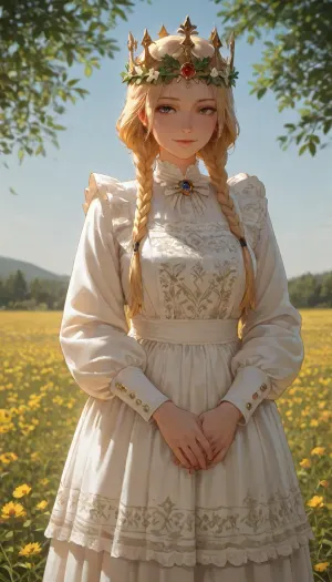 A realistic, full-body portrait of a young Swedish woman from the movie Midsommar, standing in a sun-drenched green meadow under a bright blue sky. She is wearing a traditional Scandinavian folkdräkt style dress made of clean, crisp white linen with long billowing sleeves and a matching apron. The chest, collar, and sleeve cuffs are highly detailed with colorful hand-stitched Nordic embroidery and small red and blue geometric rune symbols. Her blonde hair is intricately styled into tight milkmaid braids wrapped around her head, serving as the base for a large, thick crown overflowing with realistic, vibrant wildflowers, green leaves, and yellow buttercups. She has a completely natural, bare face with no makeup, a slight serene smile, and clear, sun-kissed skin. The lighting is intense, bright, overexposed daylight, capturing an eerie, idyllic cinematic aesthetic with sharp focus on the fabric textures.