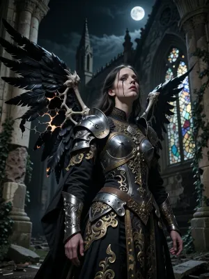 A masterful, dark, and melancholic Gothic medium close-up portrait of a fallen angel stands at the center of a ruined, roofless Gothic cathedral beneath a dramatic night sky. Her expression, both powerful and sorrowful, is pierced by a thin obsidian tear that runs down her pale cheek. Her massive, damaged wings reveal burnt, torn, charcoal-colored feathers and exposed bone structure. Her garments evoke faded grandeur, a brocade robe embroidered with tarnished gold and fragments of armor in corroded silver filigree. Her haunting, expressive gaze is slightly raised to the heavens. In the background, crumbling stone pillars are draped in ivy, and shattered stained-glass windows catch the pale moonlight. A dramatic chiaroscuro creates a striking contrast between the deep shadows and the moonlight illuminating her face. The anatomy of the face and body is impeccable, the focus is perfect, the cinematic texture is of high quality, with a wealth of detail in the stone and fabrics. The photograph was shot on 35mm film with deep blacks.