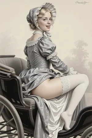 This is a detailed monochromatic pencil drawing in a classical illustrative style depicts a scene set in 19th century The Russian Empire, a very beautiful Russian aristocrat girl, innocent 21 years old blonde, slutty smile, bonnet hat, blue eyes, white stockings, narrow butt hips, a glance to the side, open mouth, beautiful gray gown, (sitting in a carriage with her legs spread and the hem of her dress lifted), (silk with lace white panties and stockings are visible), side view from below, woman, ladydim, victorian, . The overall mood is intense, rendered in fine, expressive line work and subtle shading, evoking the style of 1950s satirical or moralistic illustrations.
