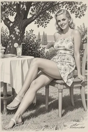 This is is a detailed monochromatic pencil drawing in a classical illustrative style depicts a scene set blonde german 26yo beautiful slim woman, beautiful long legs, sitting in the garden on a warm summerday in the schade of a tree by a table, cool lemonade nearby wearing a simple flowered summerdress and sandals, wears a toe ring, the legs are slightly apart, white panties are visible, smiling into the camera for a remembering photo, full body view, show feet. The overall mood is intense, rendered in fine, expressive line work and subtle shading, evoking the style of 1950s satirical or moralistic illustrations.