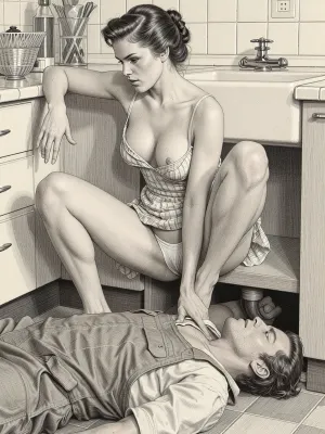 This is is a detailed monochromatic pencil drawing in a classical illustrative style depicts a scene set Beautiful sexy brown elegant hairstyle mother Squatting in the kitchen of a Soviet apartment next to the sink, wearing in summer dress, Her legs are slightly spread apart, (her white panties are visible), She watches as a worker lying under the sink repairs it, fully clothed very ugly lustful fat worker in the coverall, looking up, seductive face, (Peeping scene and exhibitionism), The overall mood is intense, rendered in fine, expressive line work and subtle shading, evoking the style of 1950s satirical or moralistic illustrations.