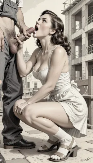 This is is a detailed monochromatic pencil drawing in a classical illustrative style depicts a scene set Beautiful sexy brown elegant hairstyle mother Squatting in a room of a building under construction, wearing in summer dress, socks and sandals, (her white panties are visible), fully clothed very ugly lustful fat construction worker in the coverall, mother deepthroating his cock, hairy scrotum, man's hand on her head, looking up, cum in mouth, seductive face, The overall mood is intense, rendered in fine, expressive line work and subtle shading, evoking the style of 1950s satirical or moralistic illustrations.