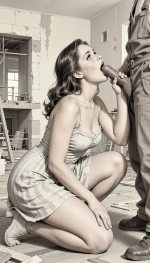 This is is a detailed monochromatic pencil drawing in a classical illustrative style depicts a scene set Beautiful sexy brown elegant hairstyle mother Squatting in a room of a building under construction, wearing in summer dress, fully clothed very ugly lustful fat construction worker in the coverall, mother deepthroating his cock, man's hand on her head, looking up, seductive face, The overall mood is intense, rendered in fine, expressive line work and subtle shading, evoking the style of 1950s satirical or moralistic illustrations.
