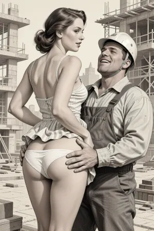 This is is a detailed monochromatic pencil drawing in a classical illustrative style depicts a scene set Beautiful sexy brown elegant hairstyle mother stands leaning over at the construction site, wearing in summer dress, the hem of the dress is pulled up, white panties are down, fully clothed very ugly lustful fat construction worker in the coverall and a construction helmet who are hard Grabs her bottom with both his hands, looking up, seductive face, mocking smile on man's ugly face, rear view, The overall mood is intense, rendered in fine, expressive line work and subtle shading, evoking the style of 1950s satirical or moralistic illustrations.