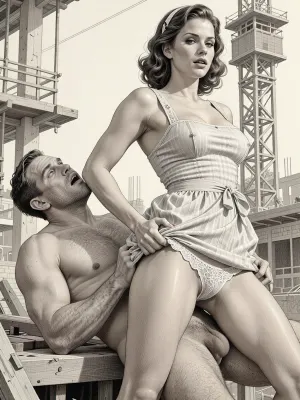 This is is a detailed monochromatic pencil drawing in a classical illustrative style depicts a scene set Beautiful sexy brown elegant hairstyle mother stands leaning over at the construction site, wearing in summer dress, the hem of the dress is pulled up, white lace panties down, fully clothed very ugly lustful fat construction worker who are ucks her from behind, rough sex, looking up, seductive face, very excited, lustful man's face, The overall mood is intense, rendered in fine, expressive line work and subtle shading, evoking the style of 1950s satirical or moralistic illustrations.