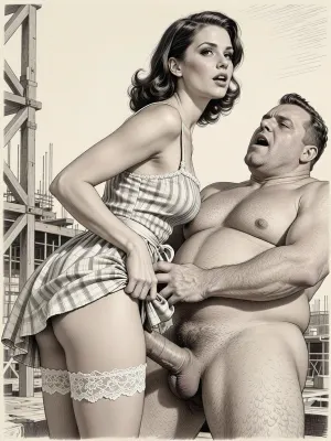 This is is a detailed monochromatic pencil drawing in a classical illustrative style depicts a scene set Beautiful sexy brown elegant hairstyle mother stands leaning over at the construction site, wearing in summer dress, the hem of the dress is pulled up, white lace panties down, fully clothed very ugly lustful fat construction worker who are fucks her from behind, rough sex, looking up, seductive face, very excited, lustful man's face, The overall mood is intense, rendered in fine, expressive line work and subtle shading, evoking the style of 1950s satirical or moralistic illustrations.
