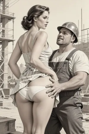 This is is a detailed monochromatic pencil drawing in a classical illustrative style depicts a scene set Beautiful sexy brown elegant hairstyle mother stands leaning over at the construction site, wearing in summer dress, the hem of the dress is pulled up, white panties are down, fully clothed very ugly lustful fat construction worker in the coverall and a construction helmet who are hard Grabs her bottom with both his hands, looking up, seductive face, mocking smile on man's ugly face, rear view, The overall mood is intense, rendered in fine, expressive line work and subtle shading, evoking the style of 1950s satirical or moralistic illustrations.