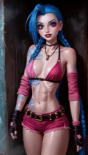 (innv meets jack cayless style), reiq style, masterpiece, cel-shaded, limited color palette, ((beautiful muscles sexy Jinx from League of Legends body)), alone, (big wide curves muscles body), (seductive face, ads, perfect breast, perfect muscles, perfect legs, perfect ass, perfect feet, sweaty body, hard nipples, pubic hairy pussy, wise fat pussy, looking erotic), Jinx from League of Legends tattoos, ((Jinx from League of Legends costume:1.2)), (camel toed), (front facing seductive pose), (sauna, steam), punk, neon, gritty, ultraviolet light, LoL, Style, (league, of, legends\), 1girl, solo, twin, braids, single, elbow, glove, short, shorts, bikini, top, only, necklace, belt, fingerless, gloves, jinx, (league, of, legends), <lora:LCMTurboMix_Euler_A_fix:2>, <lora:EnvyCuteXL01v12:2>, <lora:EnvyAnimeDigitalPaintingXL01:2>, <lora:jinx:2>, <lora:MIAOKA_JINX_1.0_SDXL:2>