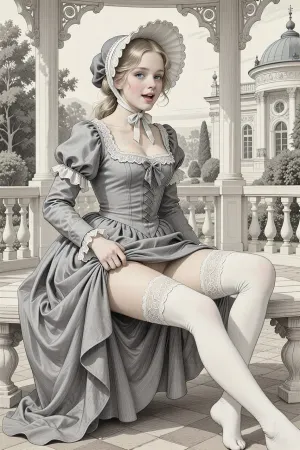 This is a detailed monochromatic pencil drawing in a classical illustrative style depicts a scene set in 19th century The Russian Empire, a very beautiful Russian aristocrat girl, innocent 21 years old blonde, slutty smile, bonnet hat, blue eyes, white stockings, narrow butt hips, a glance to the side, open mouth, beautiful gray gown, (sitting on a bench in the gazebo of the rich house park with her legs spread and the hem of her dress lifted), Her legs are slightly spread apart, (silk with lace white stockings and hairy pussy are visible), ((hairy labia:1.4)), side view from below, woman, ladydim, victorian. The overall mood is intense, rendered in fine, expressive line work and subtle shading, evoking the style of 1950s satirical or moralistic illustrations.