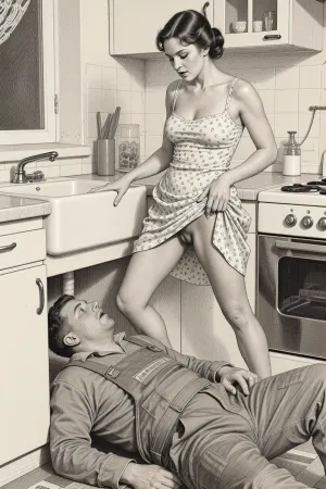 This is is a detailed monochromatic pencil drawing in a classical illustrative style depicts a scene set Beautiful sexy brown elegant hairstyle mother Stands in the kitchen of a Soviet apartment next to the sink, wearing in summer dress, Her legs are slightly spread apart, (her hairy pussy are visible), She watches as a worker lying under the sink repairs it, fully clothed very ugly lustful fat worker in the coverall, looking up, seductive face, (Peeping scene and exhibitionism), The overall mood is intense, rendered in fine, expressive line work and subtle shading, evoking the style of 1950s satirical or moralistic illustrations.