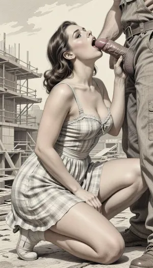 This is is a detailed monochromatic pencil drawing in a classical illustrative style depicts a scene set Beautiful sexy brown elegant hairstyle mother Squatting at the construction site, wearing in summer dress, fully clothed very ugly lustful fat construction worker in the coverall, mother deepthroating his cock, man's hand on her head, looking up, seductive face, The overall mood is intense, rendered in fine, expressive line work and subtle shading, evoking the style of 1950s satirical or moralistic illustrations.
