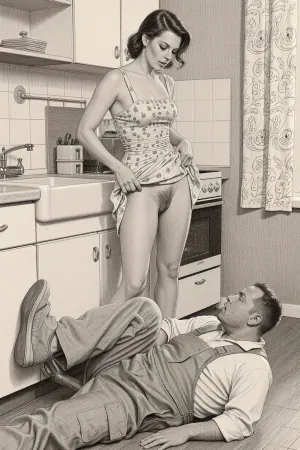 This is is a detailed monochromatic pencil drawing in a classical illustrative style depicts a scene set Beautiful sexy brown elegant hairstyle mother Stands in the kitchen of a Soviet apartment next to the sink, wearing in summer dress, Her legs are slightly spread apart, (her hairy pussy are visible), She watches as a worker lying under the sink repairs it, fully clothed very ugly lustful fat worker in the coverall, looking up, seductive face, (Peeping scene and exhibitionism), The overall mood is intense, rendered in fine, expressive line work and subtle shading, evoking the style of 1950s satirical or moralistic illustrations.