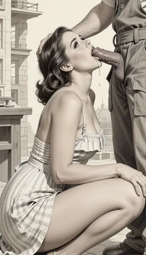 This is is a detailed monochromatic pencil drawing in a classical illustrative style depicts a scene set Beautiful sexy brown elegant hairstyle mother Squatting in a room of a building under construction, wearing in summer dress, fully clothed very ugly lustful fat construction worker in the coverall, mother deepthroating his cock, man's hand on her head, looking up, cum in mouth, seductive face, The overall mood is intense, rendered in fine, expressive line work and subtle shading, evoking the style of 1950s satirical or moralistic illustrations.