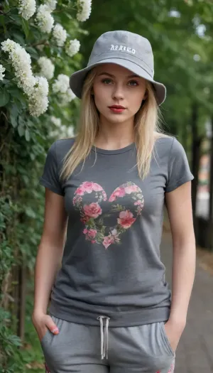 A girl in the city of Mellan, in a dark gray T-shirt with flowers drawn in the middle of the T-shirt, in dark birch-colored sweatpants, cherry-colored lipstick, blonde hair, in sneakers, a lady's hat on her head, and the girl must be very beautiful